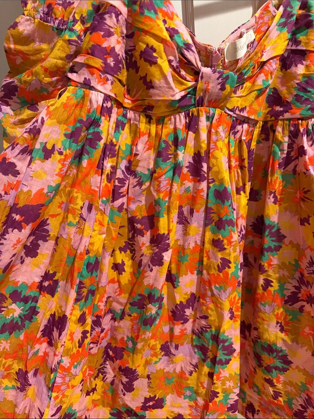 Zimmermann Orange Pink Floral Ruffle-Sleeve Mini Dress
